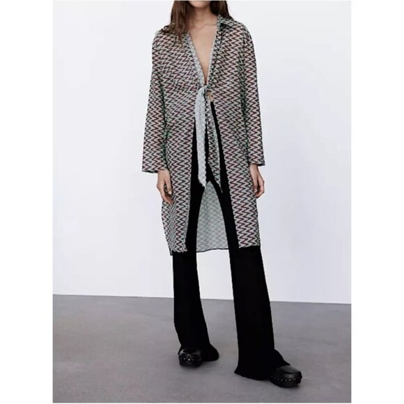 Zara Women's The Lissie Shirt Size Medium Swim Cover Up Tie Front Mint Brown NEW - Picture 3 of 12